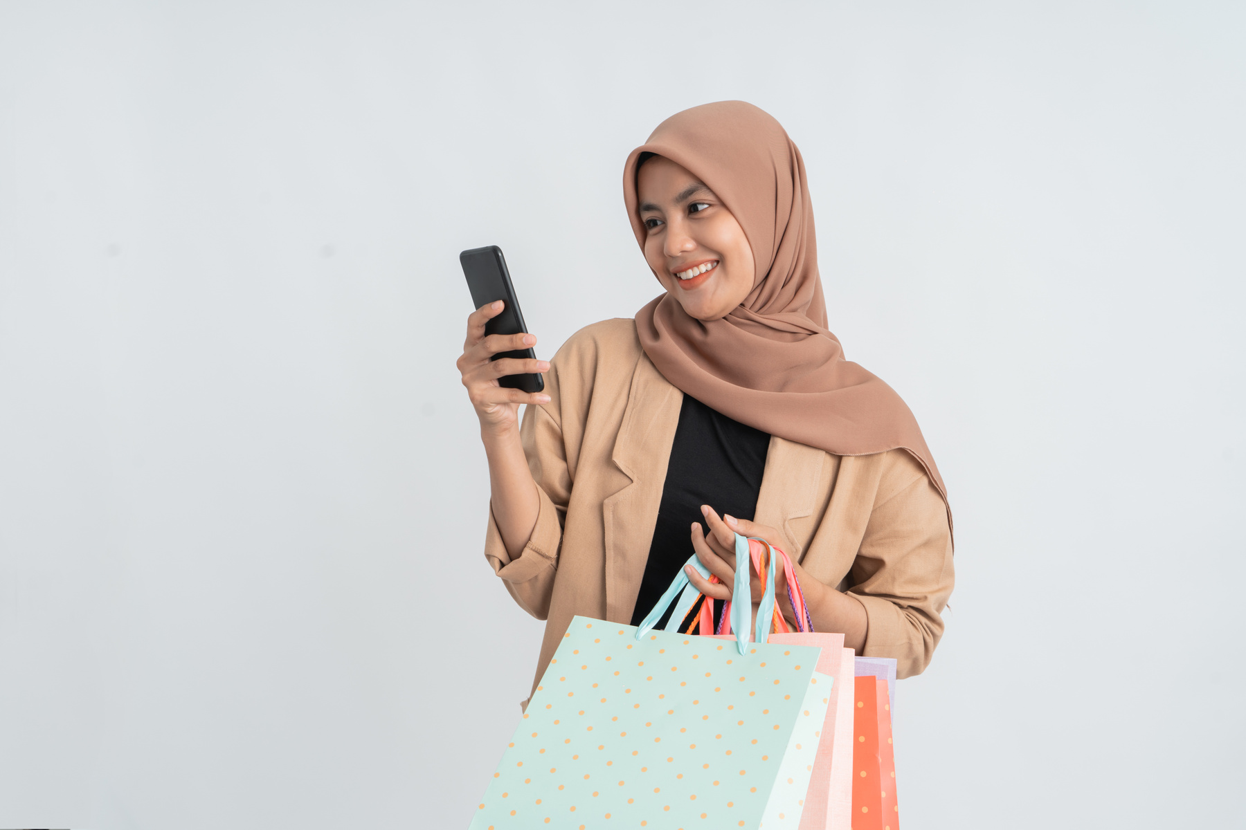 Muslim Woman Shopping Hold Mobile Phone